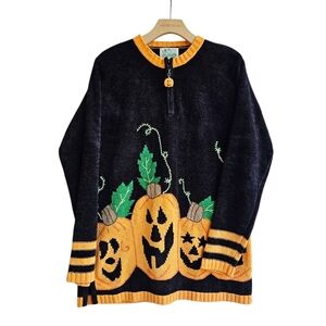 Vintage Quacker Factory Jack-O-Lantern Chenille Sweater Quarter-Zip Size Small